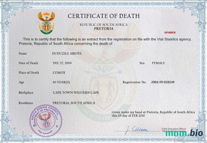 South Africa śmierć certyfikat PSD szablon